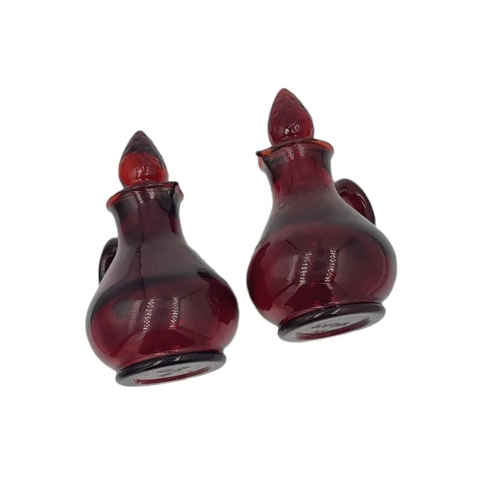 Vintage Pair Avon Cruet Cape Cod Ruby Red Glass Strawberry Top Numbers‎ 5 & 26